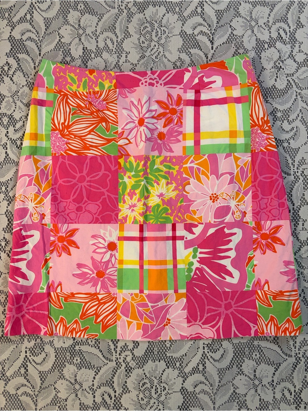 Vintage Lilly Pulitzer Patchwork Mini Skirt Pink Green Floral Madras Plaid